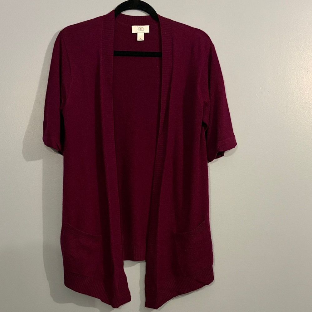 LOFT Women's Deep Burgundy Cashmere Short Sleeve Open Cardigan